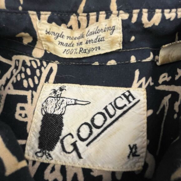 Vintage Goouch Shirt Size XL Artist Graffiti All Over Print Artistic Black Rayon - Picture 4 of 9